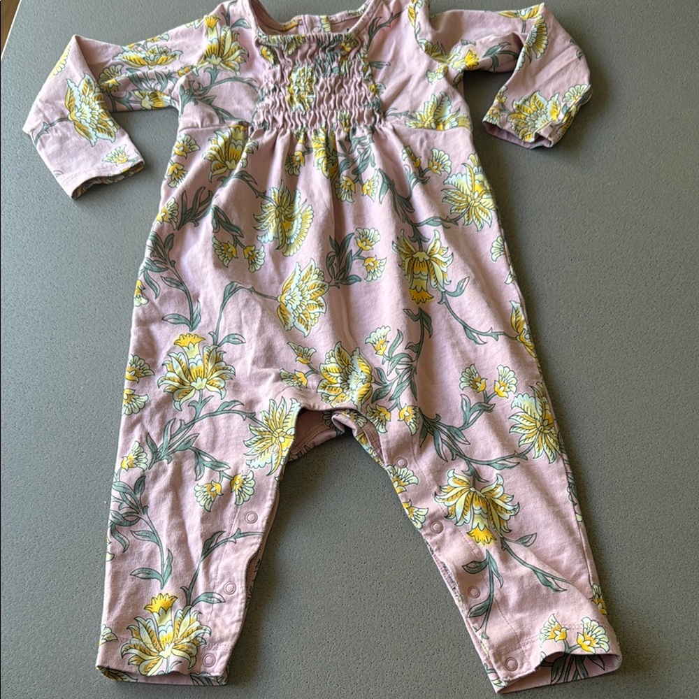 Tea Collection Pink Floral Smocked Romper Jumpsuit Baby Girl 12M